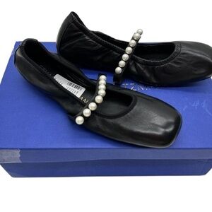 Stuart Weitzman Black Goldie faux pearl-embellished leather ballet flats